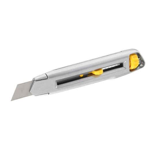 STANLEY 0-10-018 utility knife with silver body and yellow slider, side view, on white background.