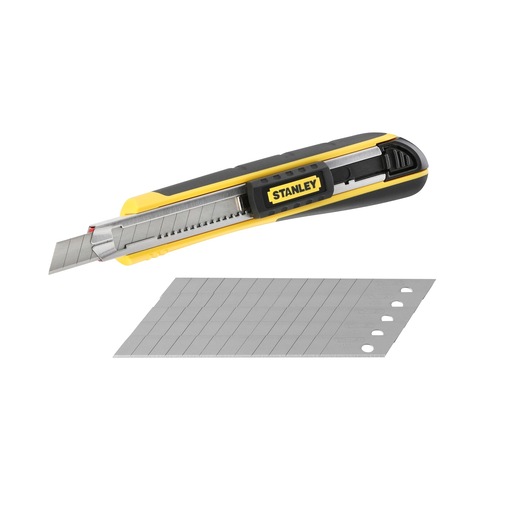 Photo of STANLEY 0-10-475 snap-off utility knife with extended blade and extra replacement blades, angled on white background.
