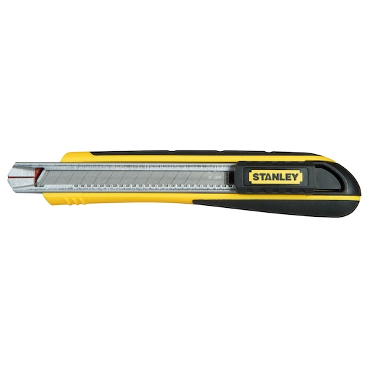 STANLEY 0-10-475 retractable utility knife, yellow and black, left side view on white background.