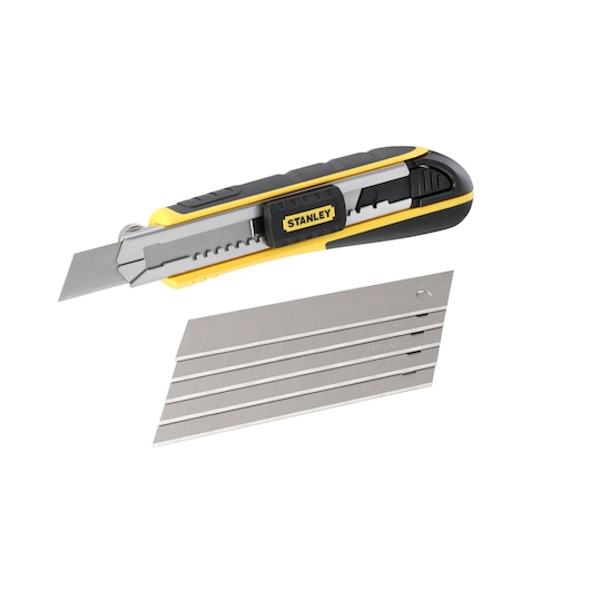STANLEY 0-10-481 utility knife with segmented blade and extra blades, side angle on white background.