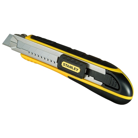 STANLEY 0-10-481 utility knife with black and yellow handle, side view on white background.