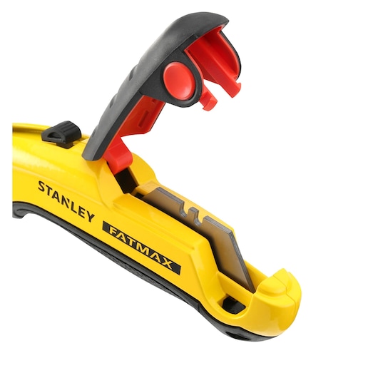 STANLEY 0-10-778 utility knife with yellow and black body, FATMAX branding, side angle, blade storage open