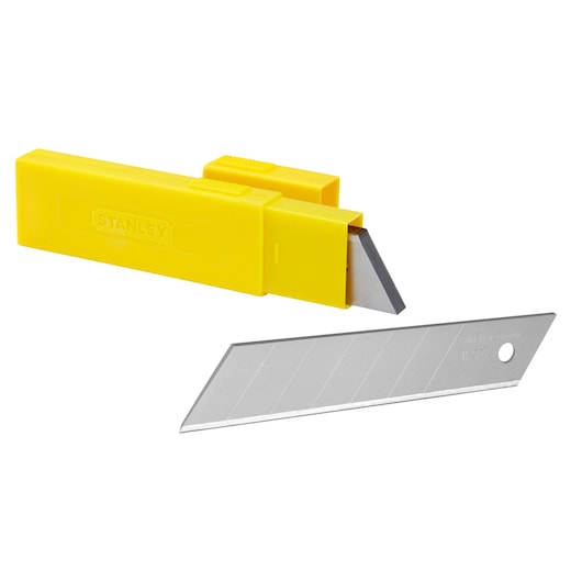 STANLEY 0-11-325 snap-off utility knife blade with yellow plastic dispenser, side view on white background.
