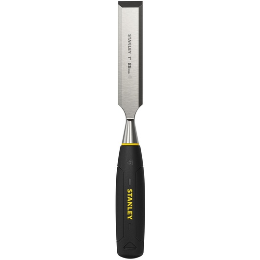Stanley 25mm chisel with a black and yellow handle and sharp metal blade for woodworking.