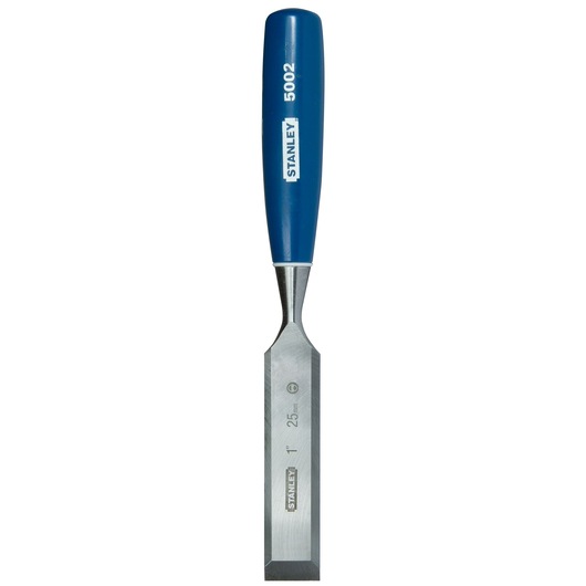 STANLEY 0-16-551 woodworking chisel with blue handle, product facing up, white background.