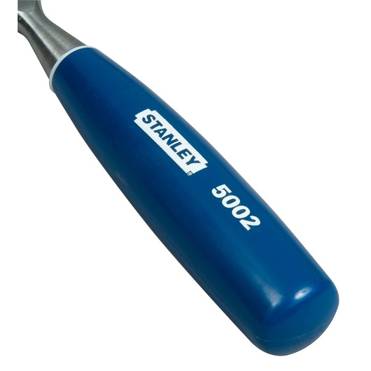 Close-up of a blue Stanley 5002 tool handle with logo and model number printed in white.