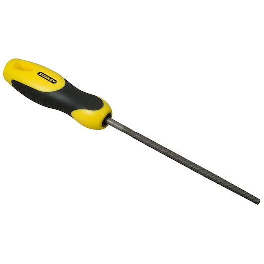Stanley round metal file with yellow and black handle, used for smoothing and shaping metal surfaces.