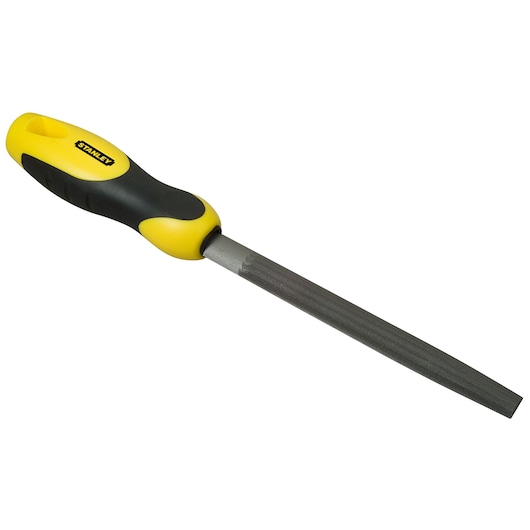 Stanley round file with yellow and black handle, used for smoothing metal surfaces.
