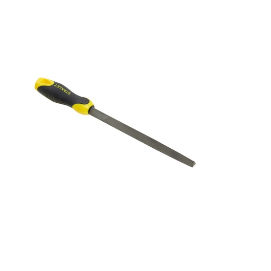 STANLEY 0-22-460 hand file with yellow and black handle, side angle on white background.