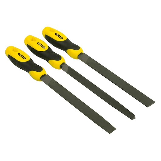 Three STANLEY metal files with yellow and black handles arranged side by side on a white background.