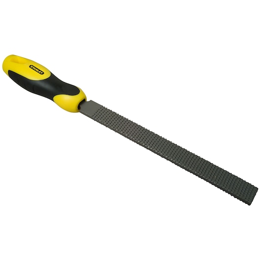Photo of STANLEY 0-22-465 hand rasp with yellow and black ergonomic handle, angled view on white background.