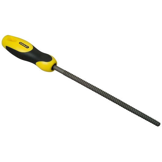 Stanley file with a yellow and black ergonomic handle and a long, round metal filing surface.