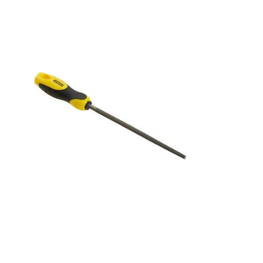 Photo of STANLEY 0-22-475 round file with yellow and black ergonomic handle, side angle on white background.