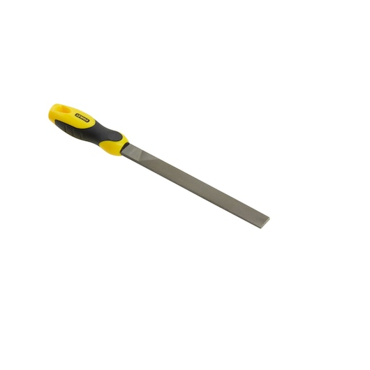 STANLEY 0-22-499 hand file with yellow and black ergonomic handle, product photography on white background.