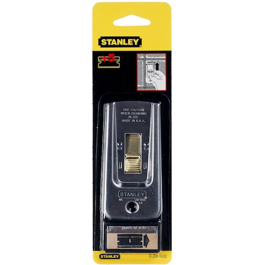 STANLEY 0-28-500 razor blade scraper in plastic packaging, front angle, includes extra blades under scraper.