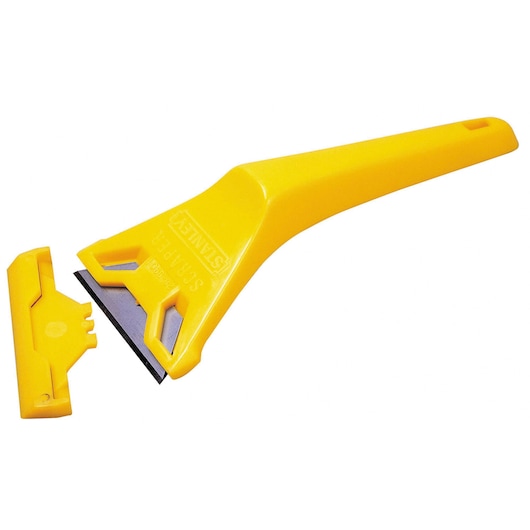 STANLEY 0-28-590 scraper with yellow handle and removable blade cover, front angle on white background.