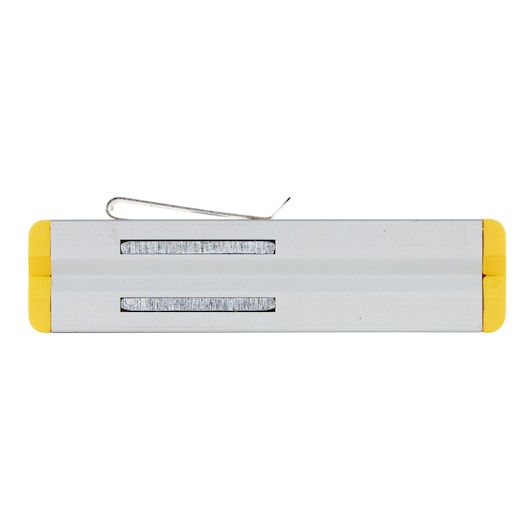 Stanley aluminum line level with yellow ends and metal hook, viewed from the side.