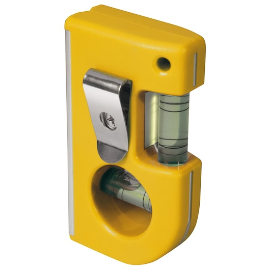 STANLEY 0-42-130 yellow pocket level with metal clip, front angle, photography product.