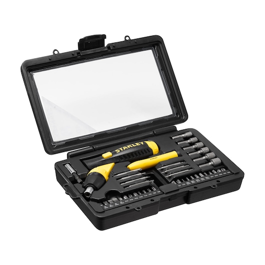 Photo of STANLEY 0-63-038 screwdriver bit set in black case, open on white background.