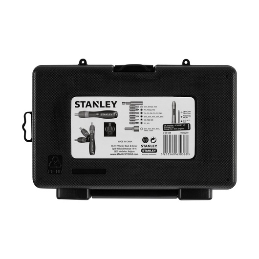 Photo of STANLEY 0-63-038 screwdriver set case, black plastic with product label and tool illustrations, rear view.
