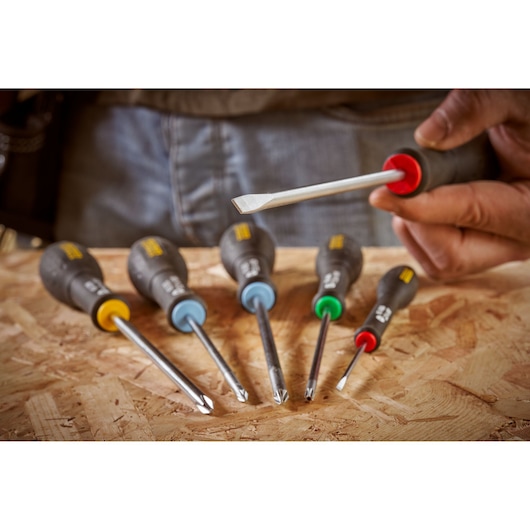 STANLEY 0-65-141 screwdriver set with color-coded handles on wooden surface, close-up photography.
