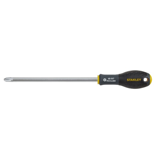 STANLEY 0-65-317 screwdriver with black and yellow ergonomic handle, Phillips head, side view on white background.