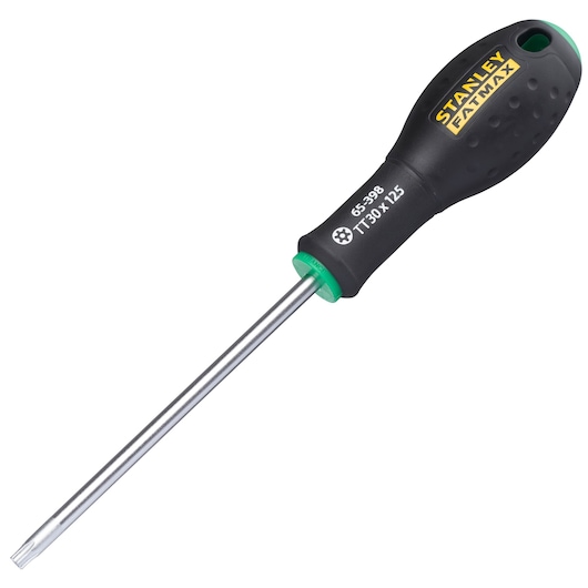 STANLEY 0-65-398 screwdriver with black ergonomic handle and green accents, product side angle on white background.