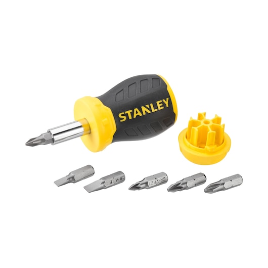 STANLEY 0-66-357 stubby ratchet screwdriver with yellow and black handle, six bits, and bit holder, front angle.