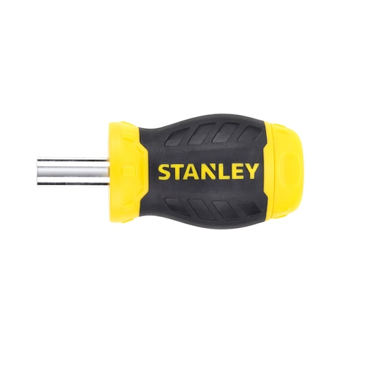 STANLEY stubby screwdriver with a black and yellow ergonomic handle, short metal shaft, photographed on white background.