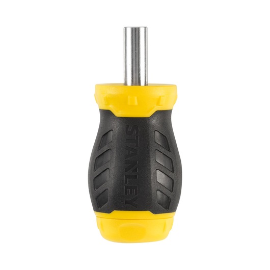 Photo of STANLEY 0-66-357 stubby screwdriver with black and yellow handle, front angle, white background.