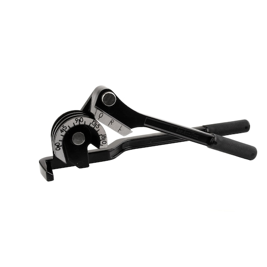 STANLEY 0-70-451 manual pipe bender tool, black metal, shown from side angle on white background.