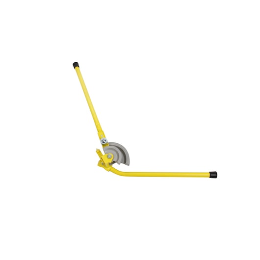 STANLEY 0-70-452 yellow manual pipe bender with black grip ends, side view on white background.