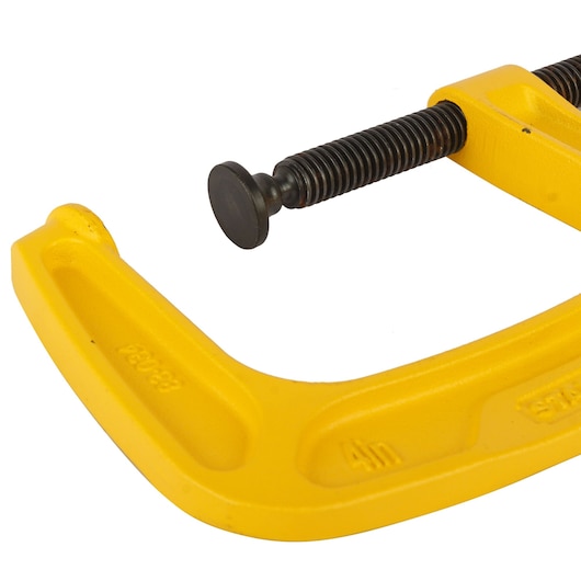 STANLEY 0-83-034 yellow C-clamp close-up, showing threaded screw and jaw, product photography on white.