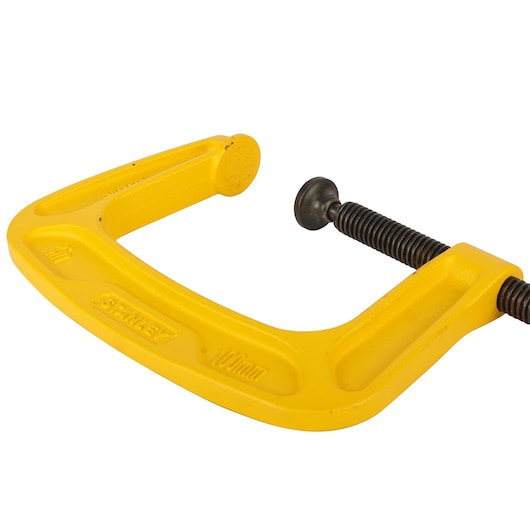 STANLEY 0-83-034 yellow C-clamp front angle, metal screw for woodworking or clamping tasks.