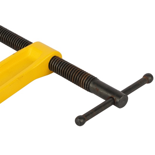 STANLEY 0-83-034 yellow steel C-clamp close-up on white background, photography of hand tool.