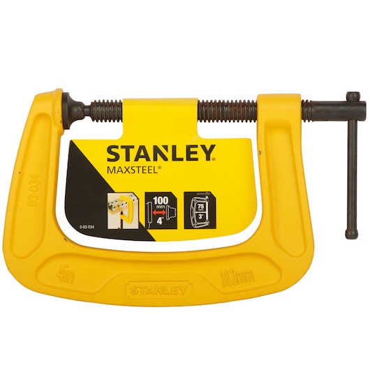 STANLEY 0-83-034 yellow MaxSteel C-clamp, 100mm, front view on white background.
