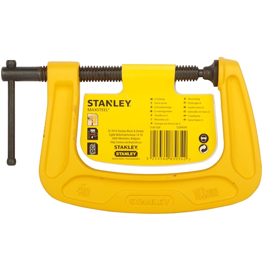 STANLEY 0-83-034 G clamp, yellow cast steel, front angle, 4 inch, labeled MAXSTEEL, tool for woodworking or metalworking.