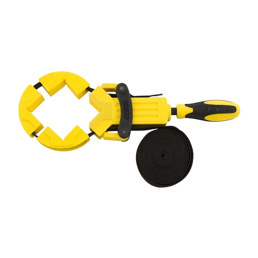 STANLEY 0-83-100 band clamp with yellow and black handle, photography on white background.
