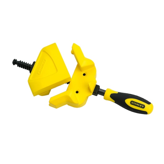 Yellow STANLEY right angle clamp with black handle for precise woodworking and joint fixing.