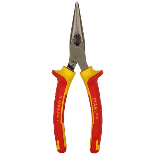STANLEY 0-84-006 long nose pliers with red and yellow insulated handles, front angle, white background.