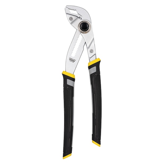 STANLEY 0-84-649 water pump pliers with black and yellow handles, side angle on white background.