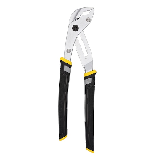 A pair of adjustable groove joint pliers with a metal body and black handles featuring yellow accents, displayed against a white background.