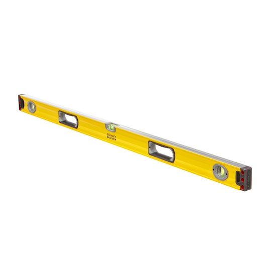 STANLEY 1-43-548 yellow spirit level with three vials and two hand holes, angled view on white background.