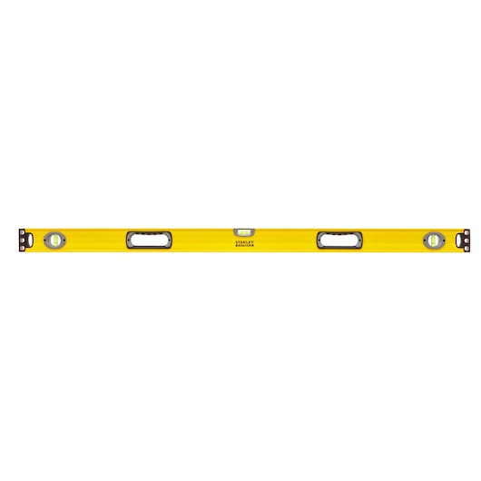 Photo of STANLEY 1-43-548 yellow spirit level with three vials, two handles, front angle on white background.