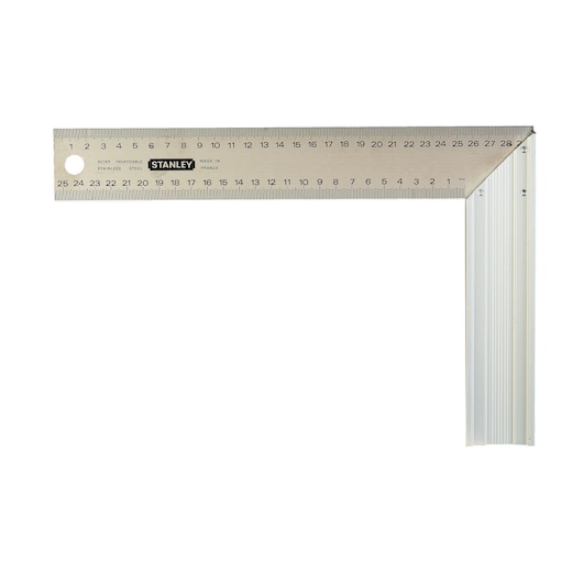 STANLEY 1-45-686 try square with stainless steel ruler, clear metric markings, top view on white background.