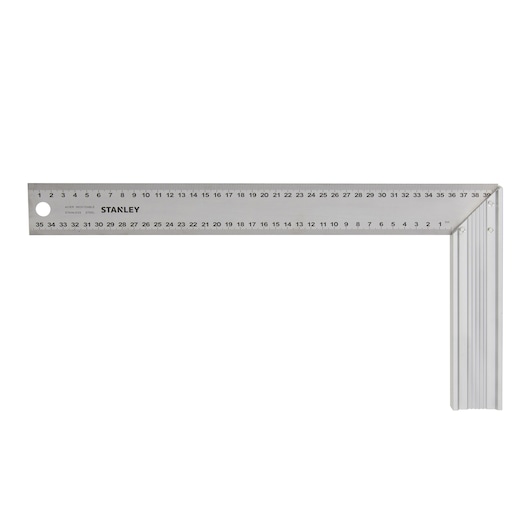 STANLEY 1-45-687 stainless steel try square with metric markings, product top view on white background.