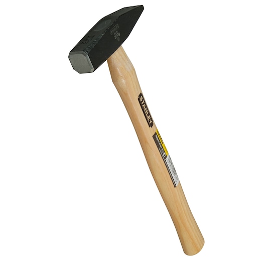Stanley hammer with wooden handle and metal head shown on white background.
