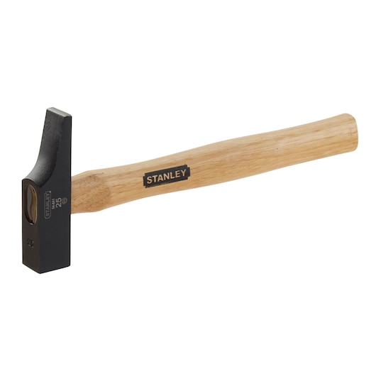 Stanley hammer with wooden handle and black metal head, shown against a white background.