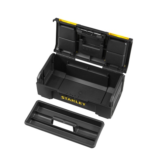 STANLEY 1-79-216 black toolbox with open lid and removable tray, angled front view on white background.