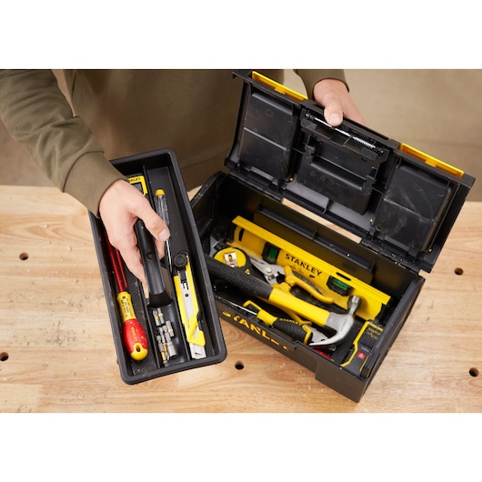 STANLEY 1-79-216 toolbox photography showing open lid with assorted hand tools inside.